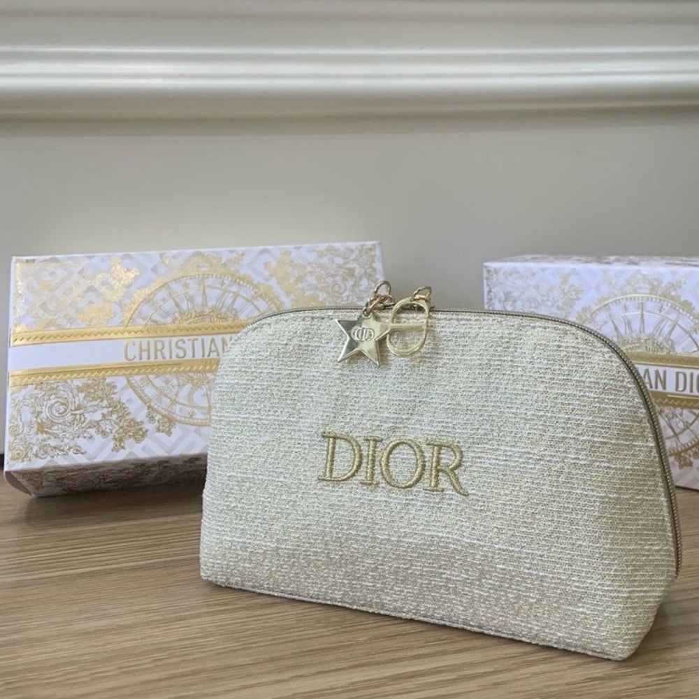 BNIB Dior gold glitter holiday makeup pouch bag star charm